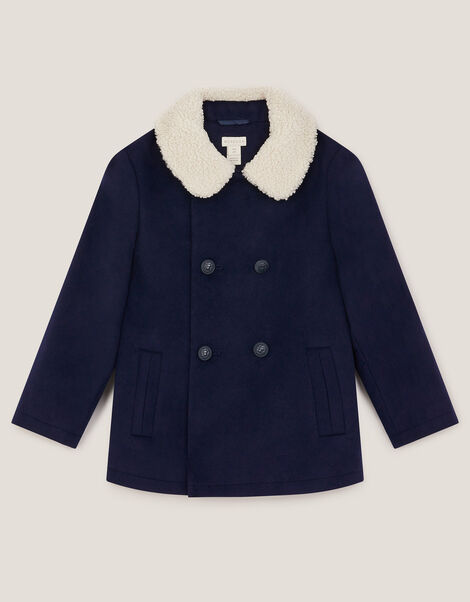 Faux Shearling Collar Pea Coat, Blue (NAVY), large