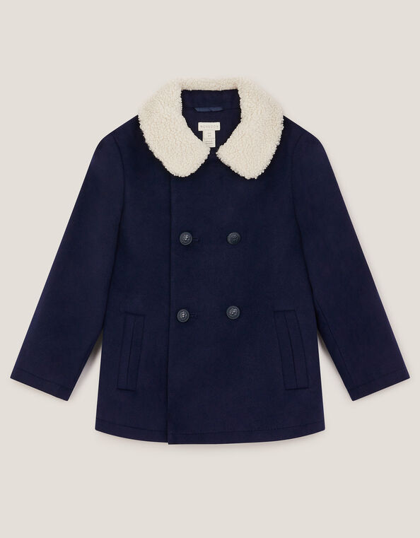 Borg Collar Pea Coat, Blue (NAVY), large