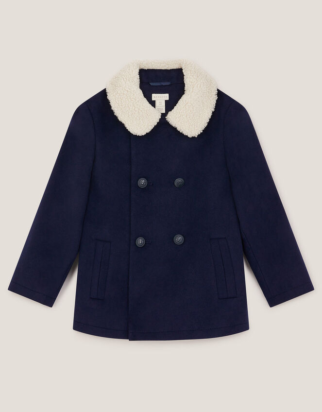 Faux Shearling Collar Pea Coat, Blue (NAVY), large