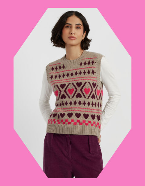 Chinti & Parker Diamond Heart Knitted Vest, Camel (OATMEAL), large