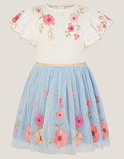Embroidered Floral Tulle Disco Dress, Blue (BLUE), large