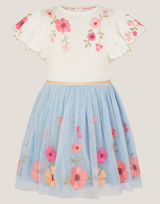 Embroidered Floral Tulle Disco Dress, Blue (BLUE), large