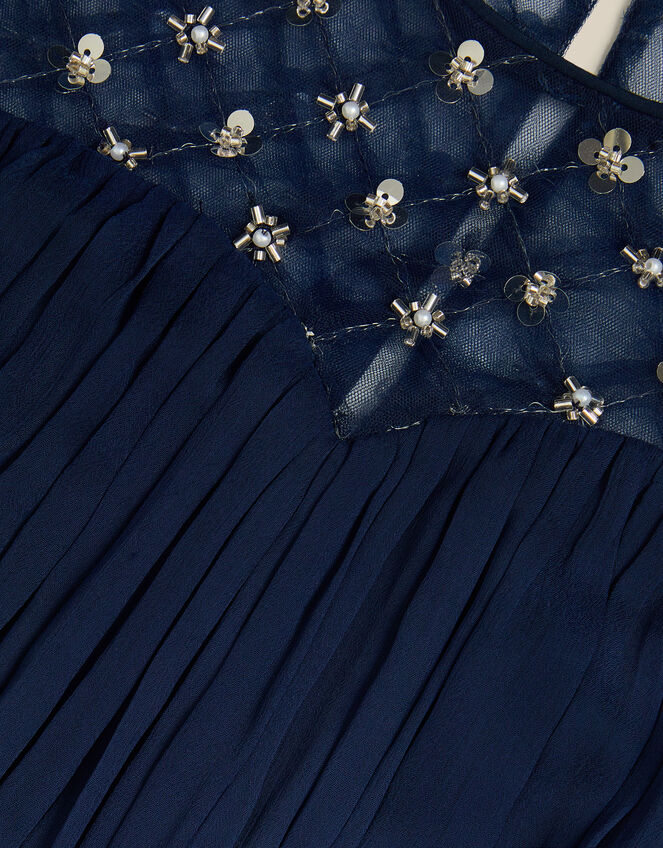 Keira Beaded Short Sleeve Prom Dress, Blue (NAVY), large