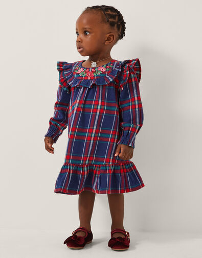 Baby Embroidered Frill Tartan Dress, Blue (NAVY), large