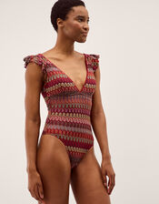 Zaria Plunge Knit Ruffle Swimsuit, Red (BURGUNDY), large