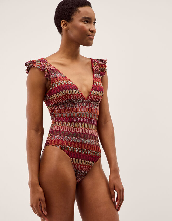 Zaria Plunge Knit Ruffle Swimsuit, Red (BURGUNDY), large