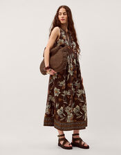 Esther Floral Linen Blend Midi Dress, Brown (CHOCOLATE), large