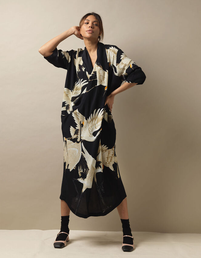 One Hundred Stars Stork Print Dress, Black (BLACK), large