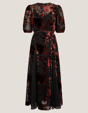 Carolyn Floral Devor&eacute; Midi Dress, Black (BLACK), large