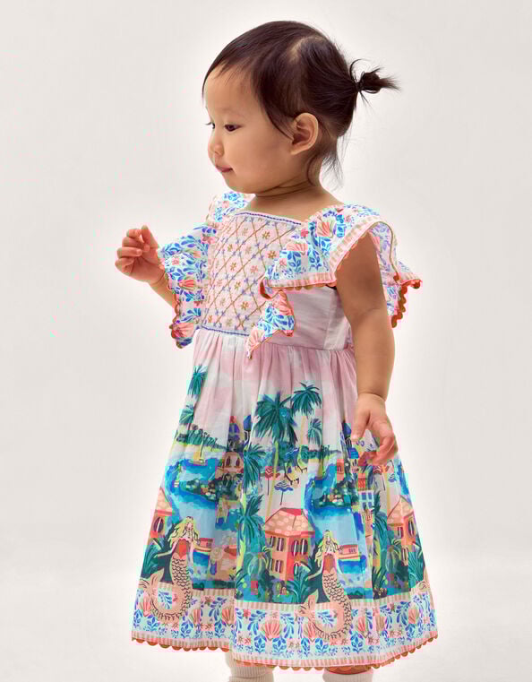 Baby Resort Scene Smock Dress, Ivory (IVORY), large