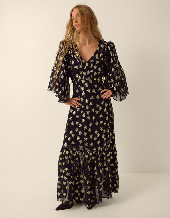 Monsoon x Queens of Archive Farrah Metallic Star Jacquard Maxi Dress​, Black (BLACK), large