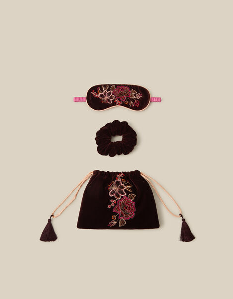 Floral Embroidered Velvet Eye Mask & Hair Scrunchie Gift Set, , large