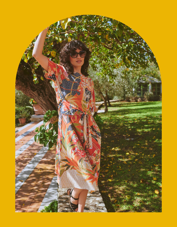 One Hundred Stars Obi Fan Print Midi Dress, Red (RED), large