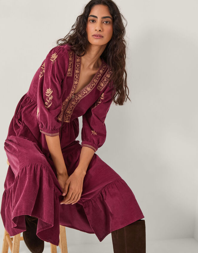 Mia Embroidered Corduroy Midi Dress, Red (CHERRY), large