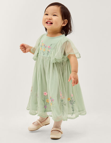 Baby Floral Embroidered Tulle Dress, Green (GREEN), large