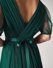 Ellie Sheer Sleeve Plunge Tulle Maxi Dress, Green (DARK GREEN), large