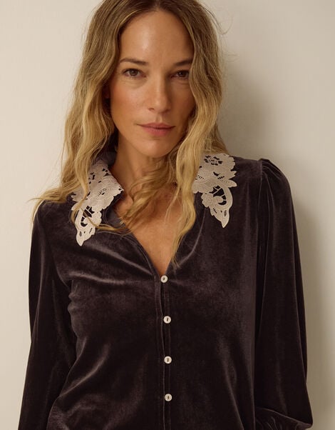 Leith Lace Collar Velvet Shirt, Brown (CHOCOLATE), large
