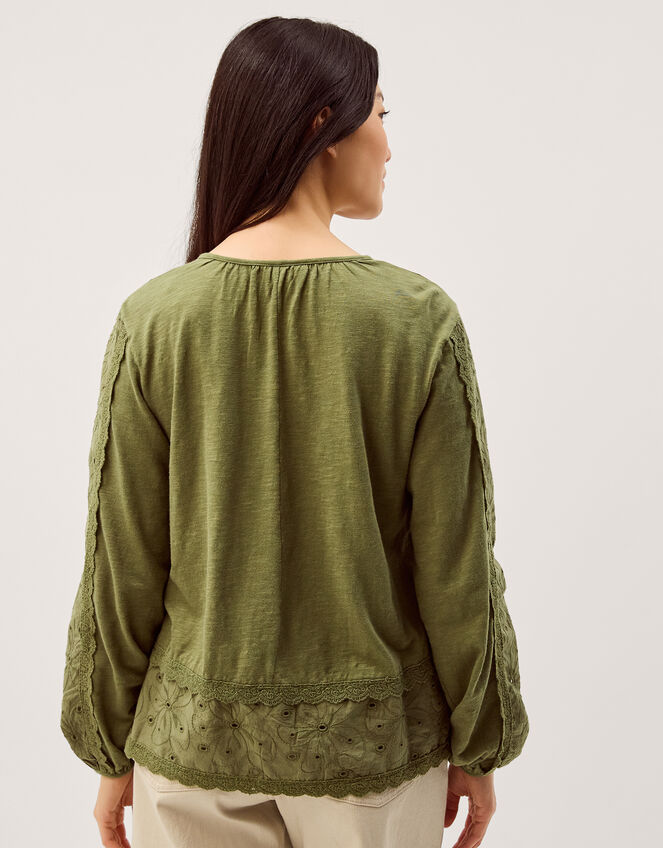 Joss Floral Embroidered Jersey Top, Green (KHAKI), large