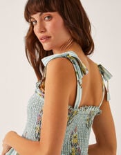 Lucille Floral Stripe Smocked Top, Blue (BLUE), large