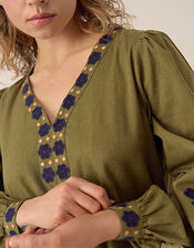 East Bella Embroidered Cotton Twill Dress, Green (KHAKI), large