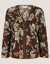 Esther Floral Linen Blend Top, Brown (CHOCOLATE), large