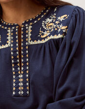 Emi Embroidered Cotton Jersey Top, Blue (NAVY), large
