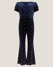 Bow Embellished Velvet Flare Jumpsuit, Blue (NAVY), large