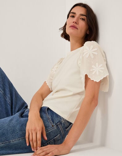 Mel Appliqu&eacute; Sleeve T-Shirt, Ivory (IVORY), large