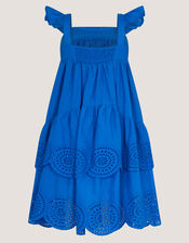 Broderie Tiered Cotton Dress, Blue (BLUE), large