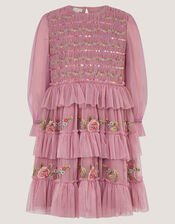 Sequin Embroidered Ruffle Mesh Dress, Pink (PINK), large