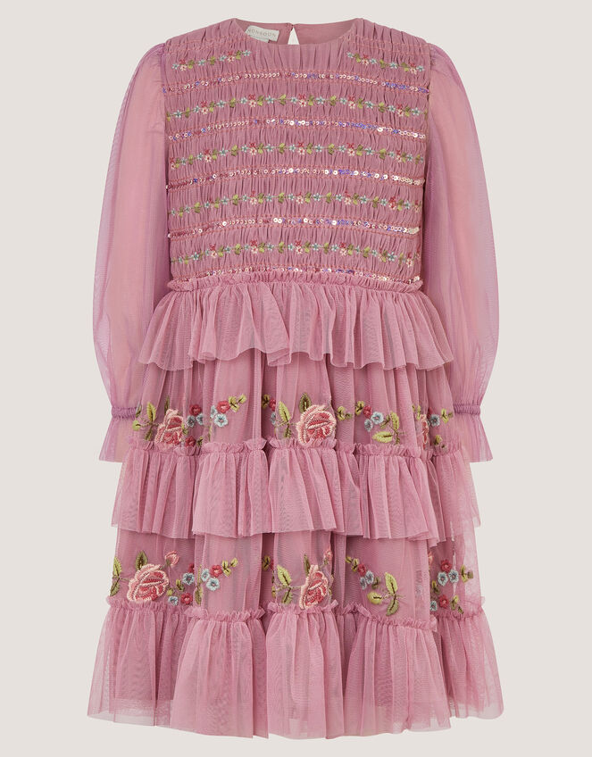 Sequin Embroidered Ruffle Mesh Dress, Pink (PINK), large