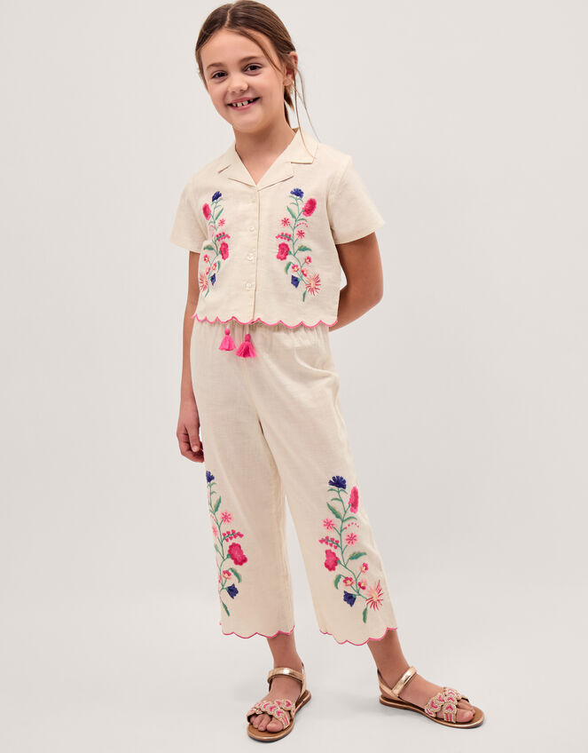 Floral Embroidered Shirt & Trousers Set, White (WHITE), large