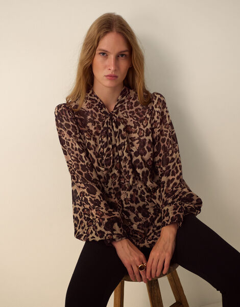 Monsoon x Queens of Archive Lila Tie Neck Leopard Print Blouse​, Brown (BROWN), large