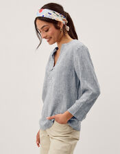 Alexis Stripe Linen-Blend Top, Blue (NAVY), large