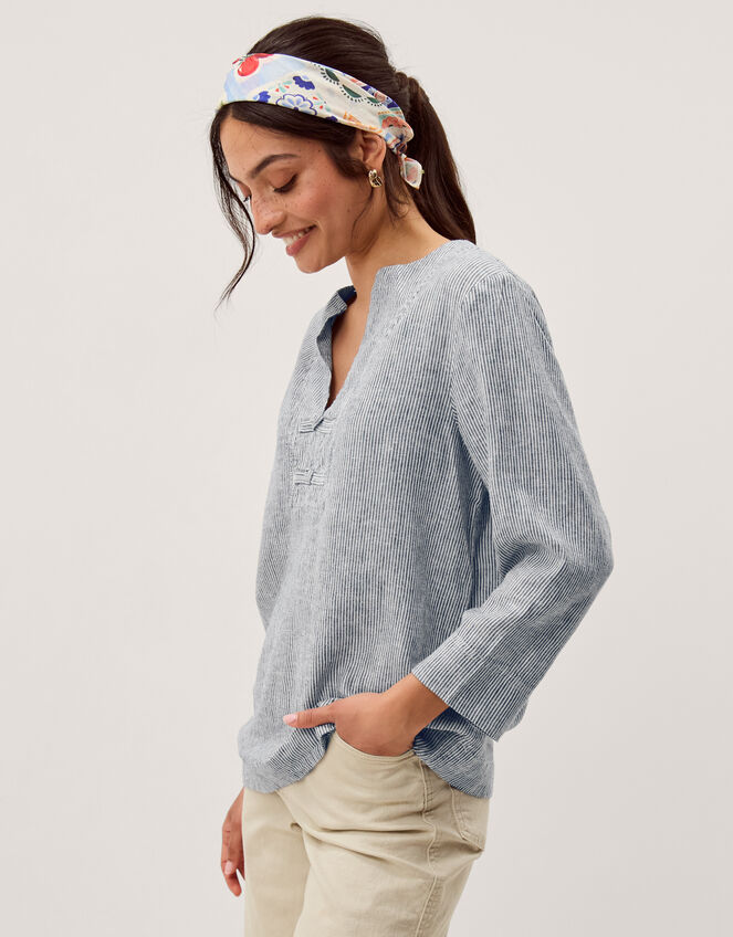 Alexis Stripe Linen-Blend Top, Blue (NAVY), large
