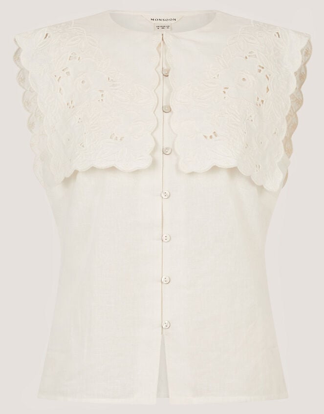 Lexi Sleeveless Embroidered Linen Blend Top, Ivory (IVORY), large