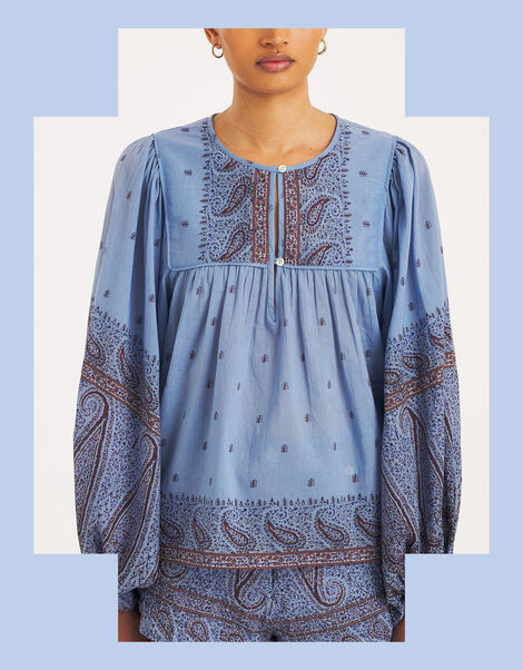 Antik Batik Johri Hand-Woven Paisley Blouse, Blue (BLUE), large