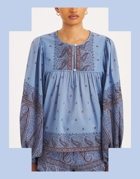 Antik Batik Johri Hand-Woven Paisley Blouse, Blue (BLUE), large