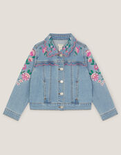 Floral Embroidered Denim Jacket, Blue (BLUE), large