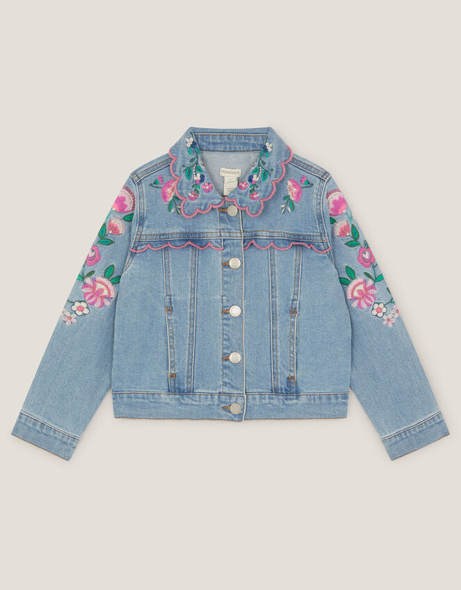 Floral Embroidered Denim Jacket, Blue (BLUE), large