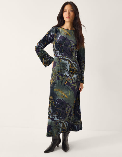 Delta Print Velvet Jersey Midi Dress, Black (BLACK), large