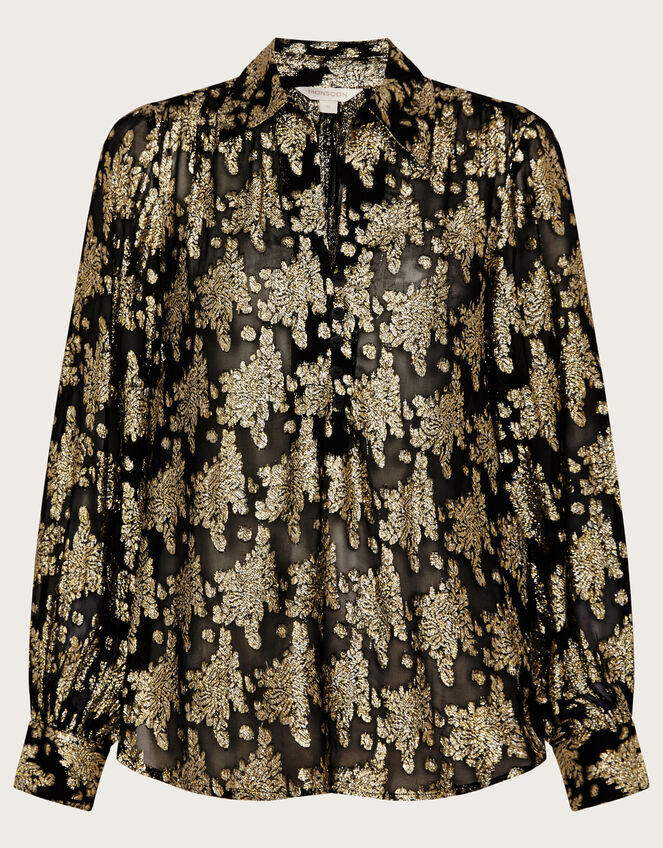 Rachel Metallic Print Blouse with Sustainable Viscose, Black (BLACK), large