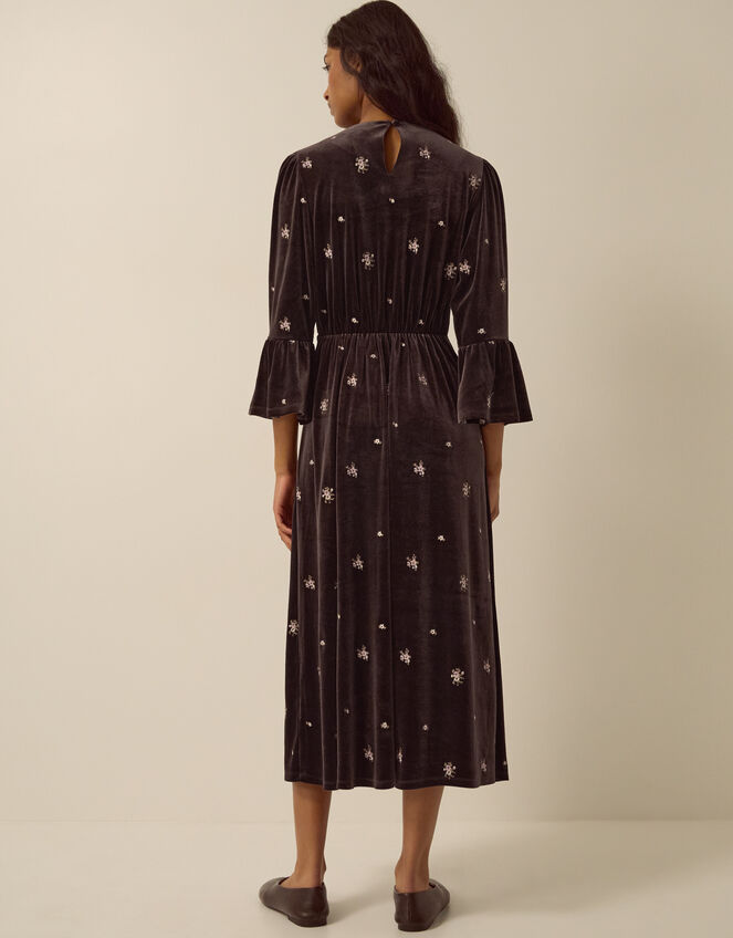 Emilee Floral Embroidered Velvet Midi Dress, Brown (CHOCOLATE), large