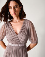Ellie Sheer Sleeve Plunge Tulle Maxi Dress, Mink (MINK), large