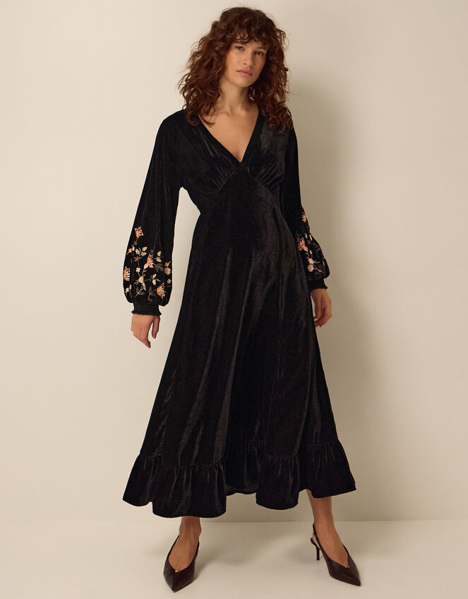 Clemence Constance V-Neck Floral Embroidered Velvet Midi Dress, Black (BLACK), large