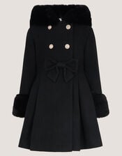 Bow Faux Fur Double-Breasted Coat, Black (BLACK), large