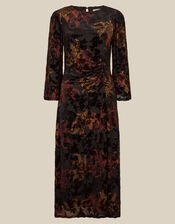 Dora Long Sleeve Floral Devor&eacute; Midi Dress, Black (BLACK), large