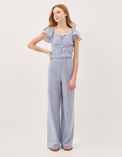 Stripe Short Sleeve Jumpsuit, Blue (BLUE), large
