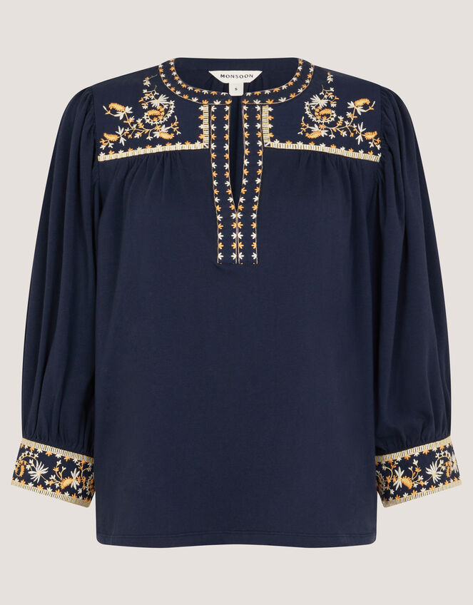 Emi Embroidered Cotton Jersey Top, Blue (NAVY), large
