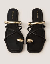Metal Detail Toe Strap Sandals, Black (BLACK), large